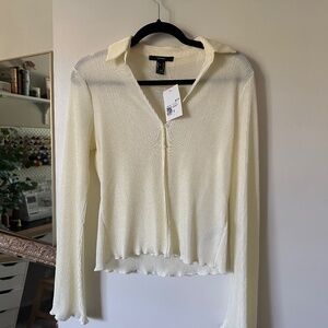 Never-worn Cream Collar Button Up Blouse with Bell Sleeves Small Size